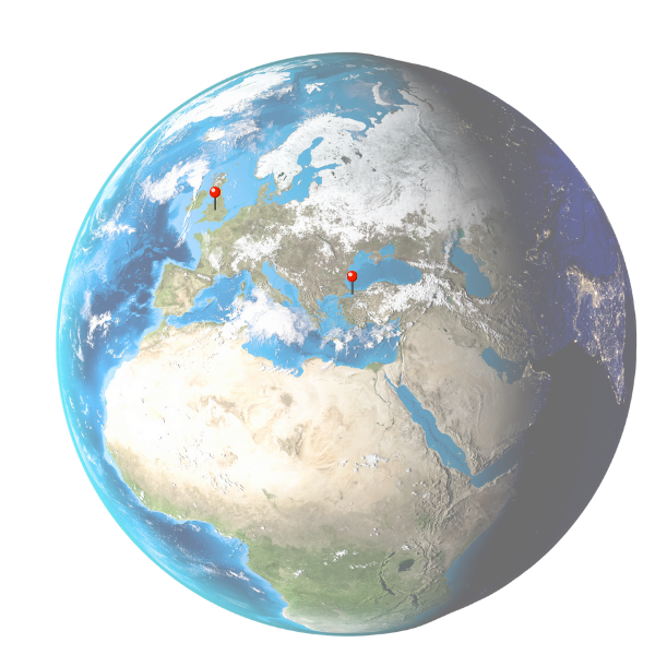 A globe showcasing ARCAS Education's strategic academic hubs in London and Istanbul, representing their global network for postgraduate medical education.