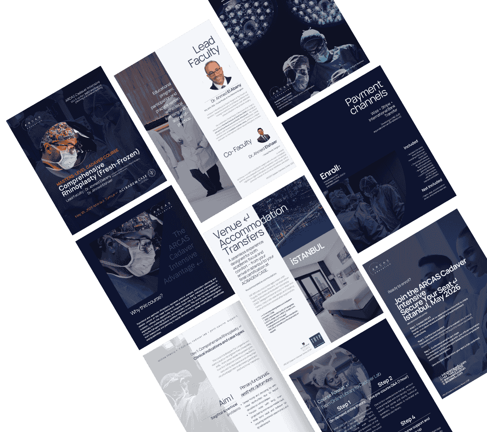 Brochure pages for the ARCAS Comprehensive Rhinoplasty fresh-frozen cadaver course in Istanbul