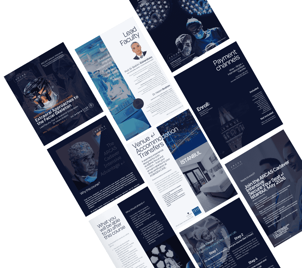 Brochure pages for the ARCAS Extraoral Approaches to the Facial Skeleton cadaver course in Istanbul.