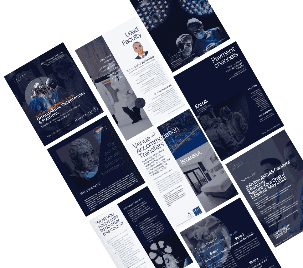 Brochure pages for the ARCAS Orthognathic Osteotomies and Fixation cadaver course in Istanbul.
