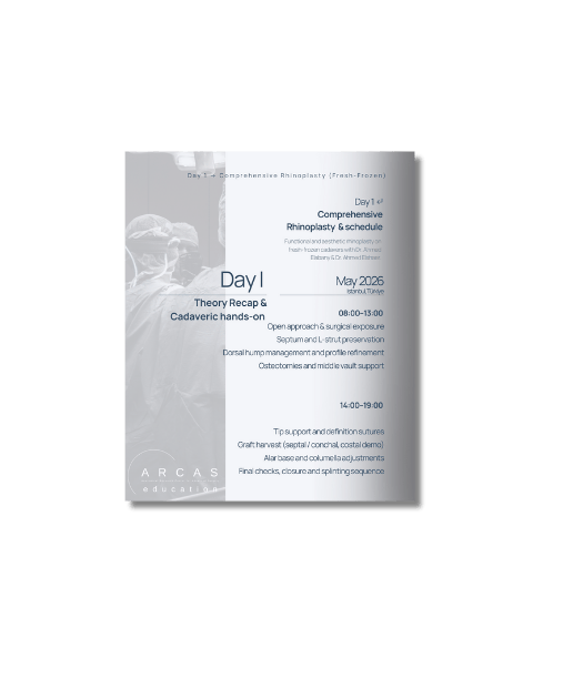 Day 1 at-a-glance schedule for the Comprehensive Rhinoplasty fresh-frozen cadaver course in Istanbul by ARCAS Education